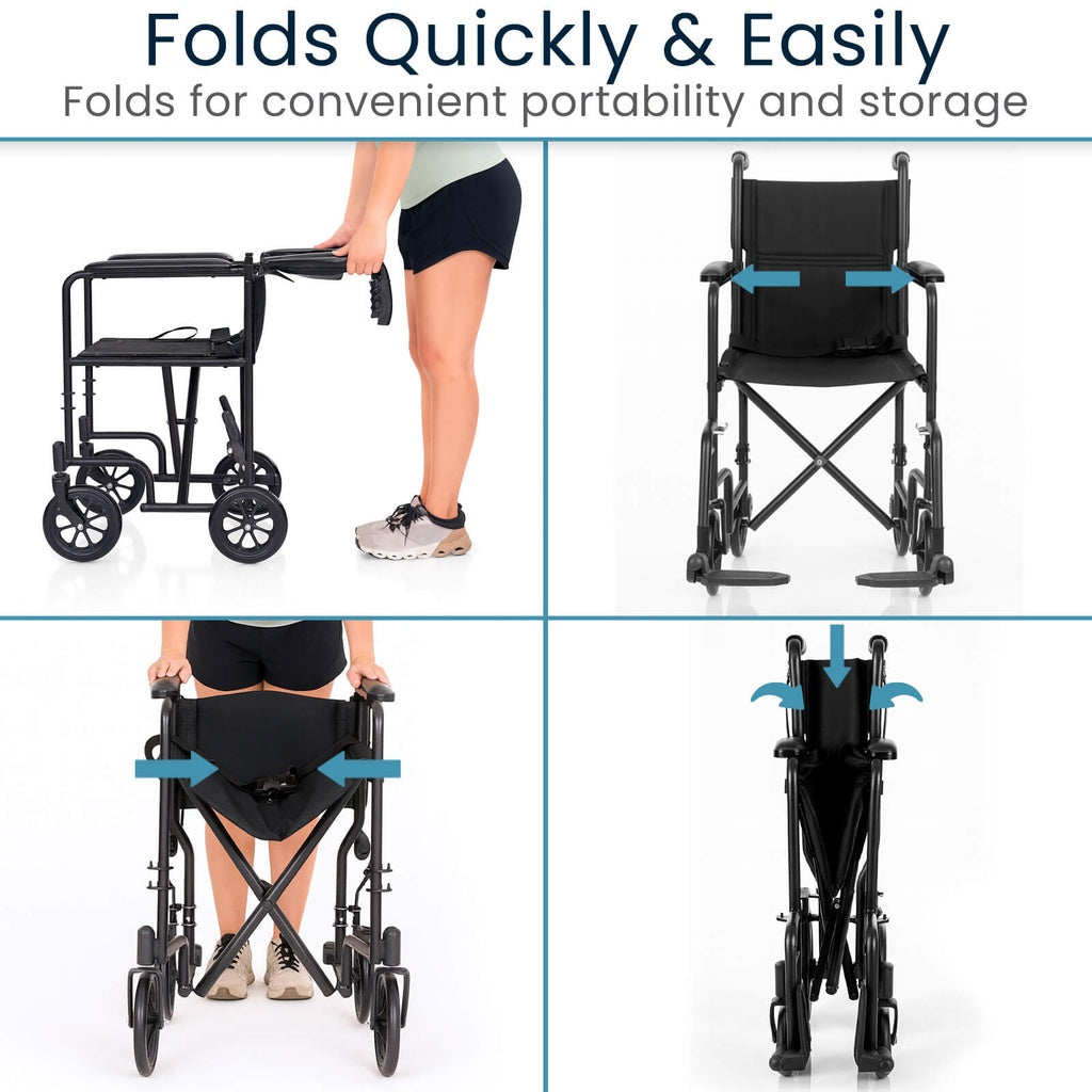 Collapsible wheelchair being folded and unfolded with text highlighting convenience.