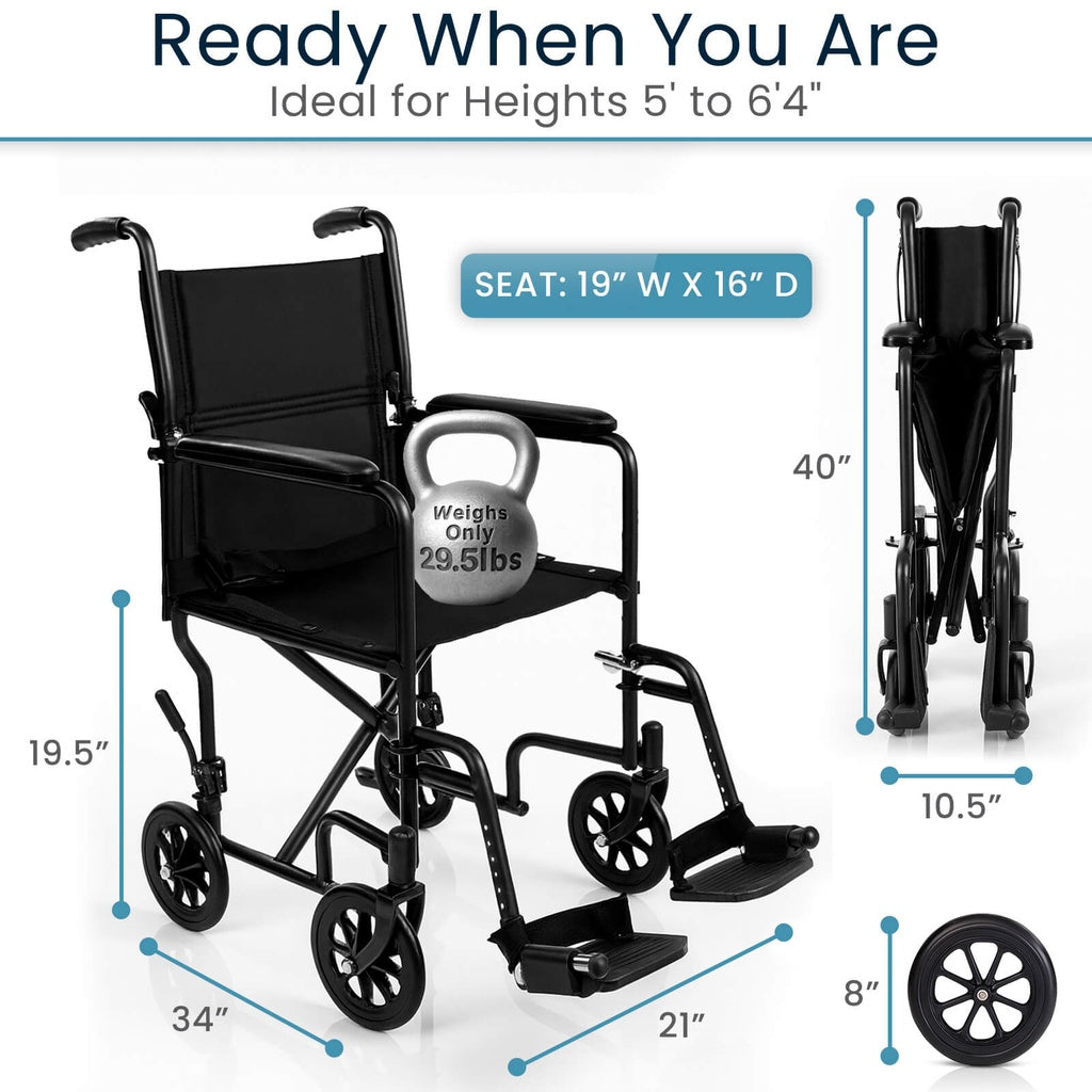 Black wheelchair with measurements on a white background