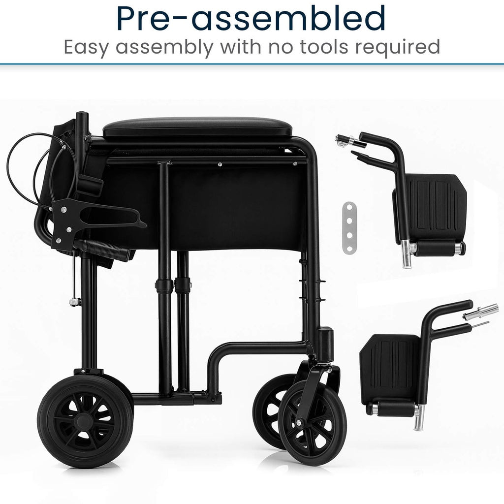 Black pre-assembled walker with wheels and armrests on a white background
