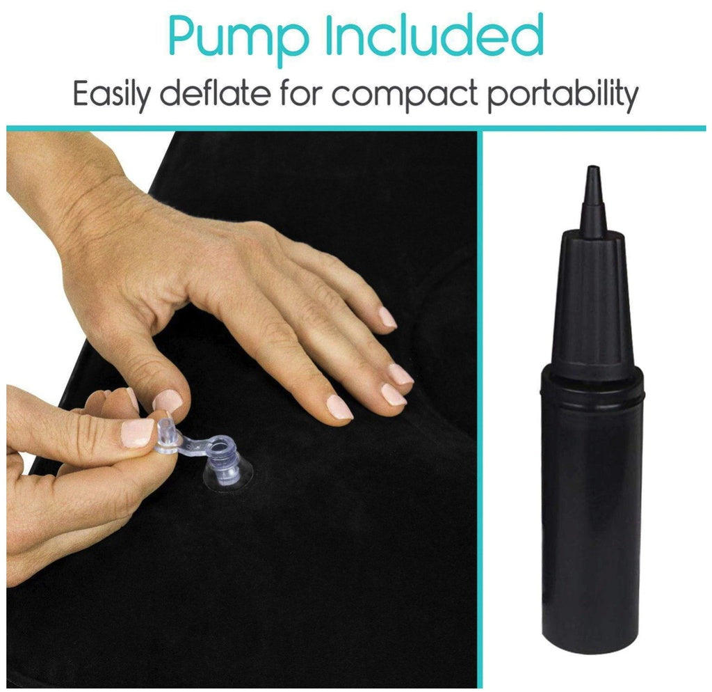 Hand using a pump to deflate a black object, with text indicating 'Pump Included' and 'Easily deflate for compact portability'.