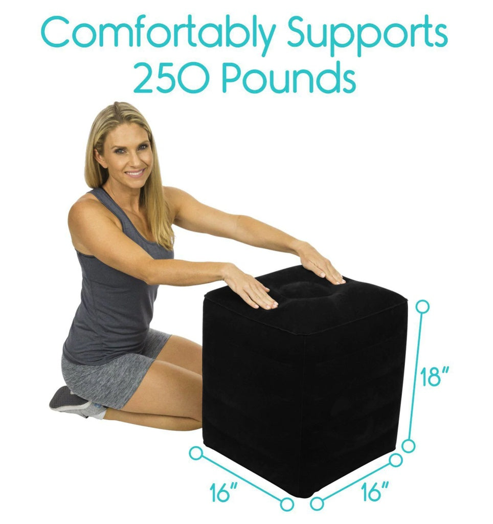 Woman sitting on a black ottoman with text indicating weight support and dimensions.