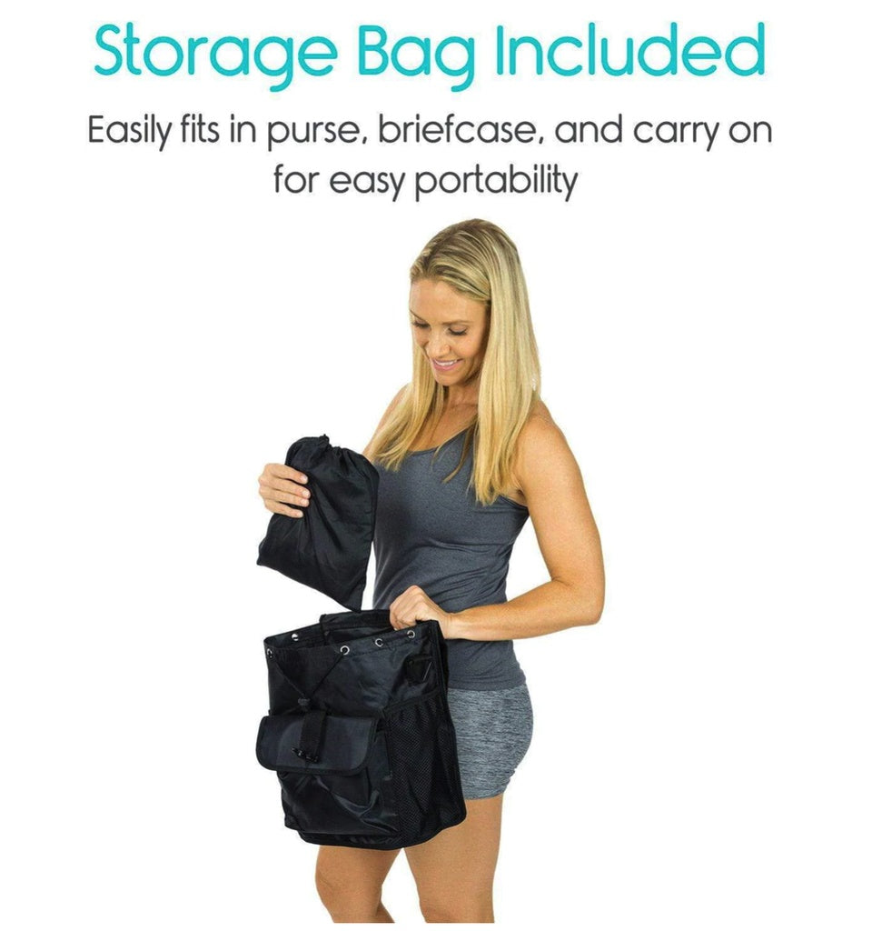 Woman holding a black storage bag with text about portability on a white background