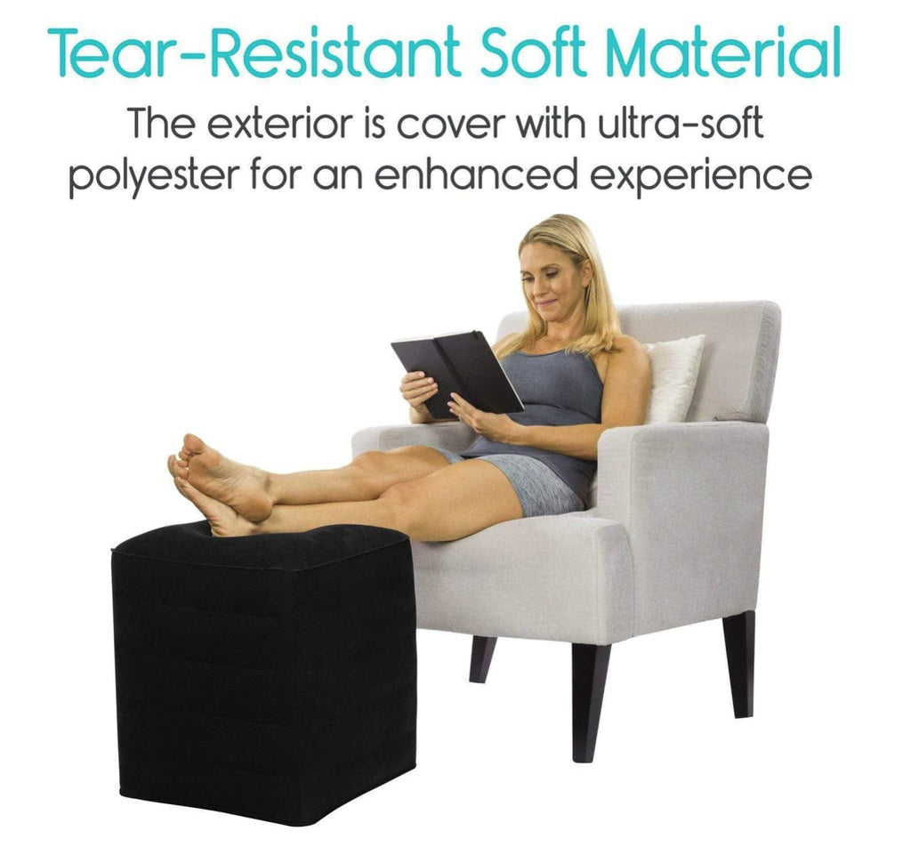 Woman sitting on a chair with a tablet, surrounded by text about tear-resistant soft material.