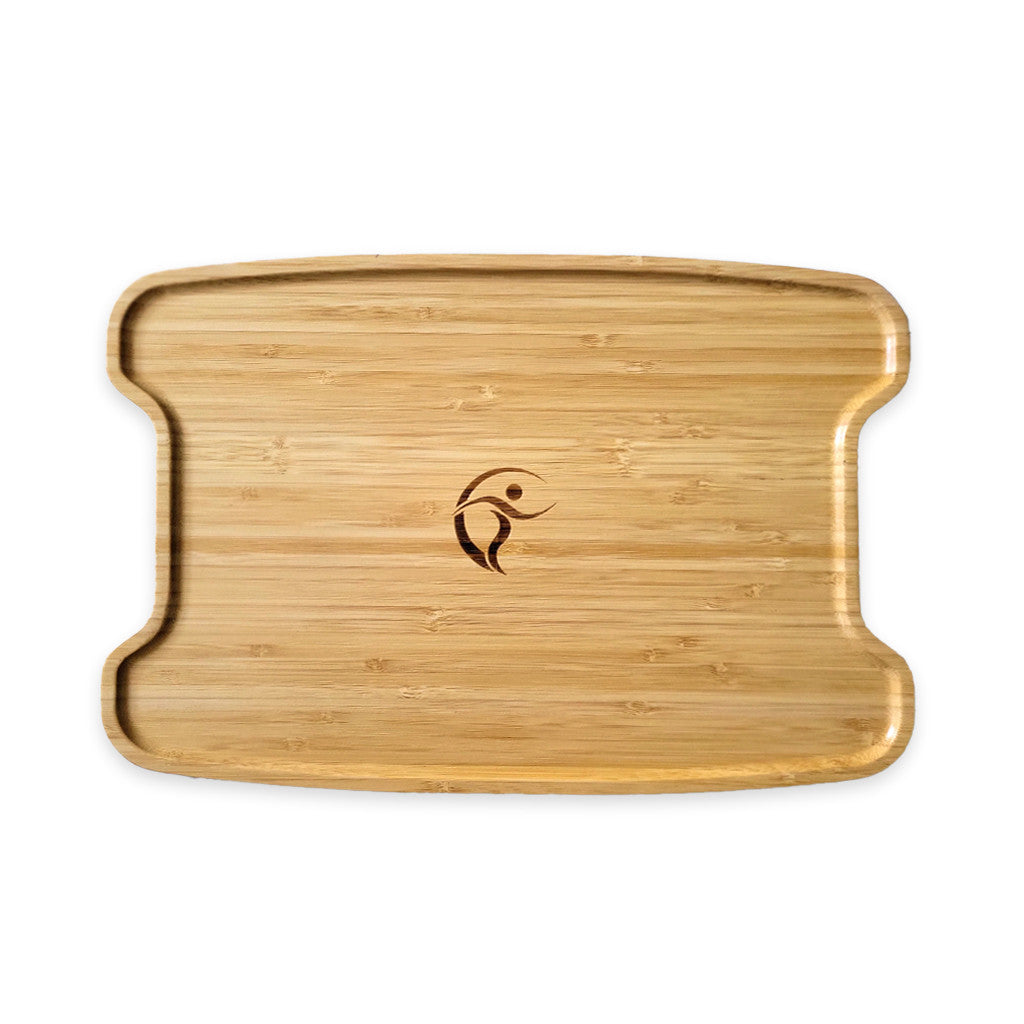 Bamboo tray with a logo on a white background