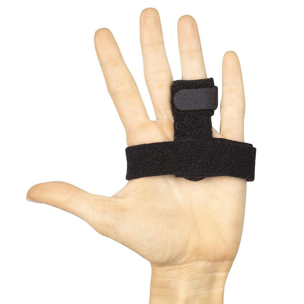 Black finger splint on a person's hand against a white background