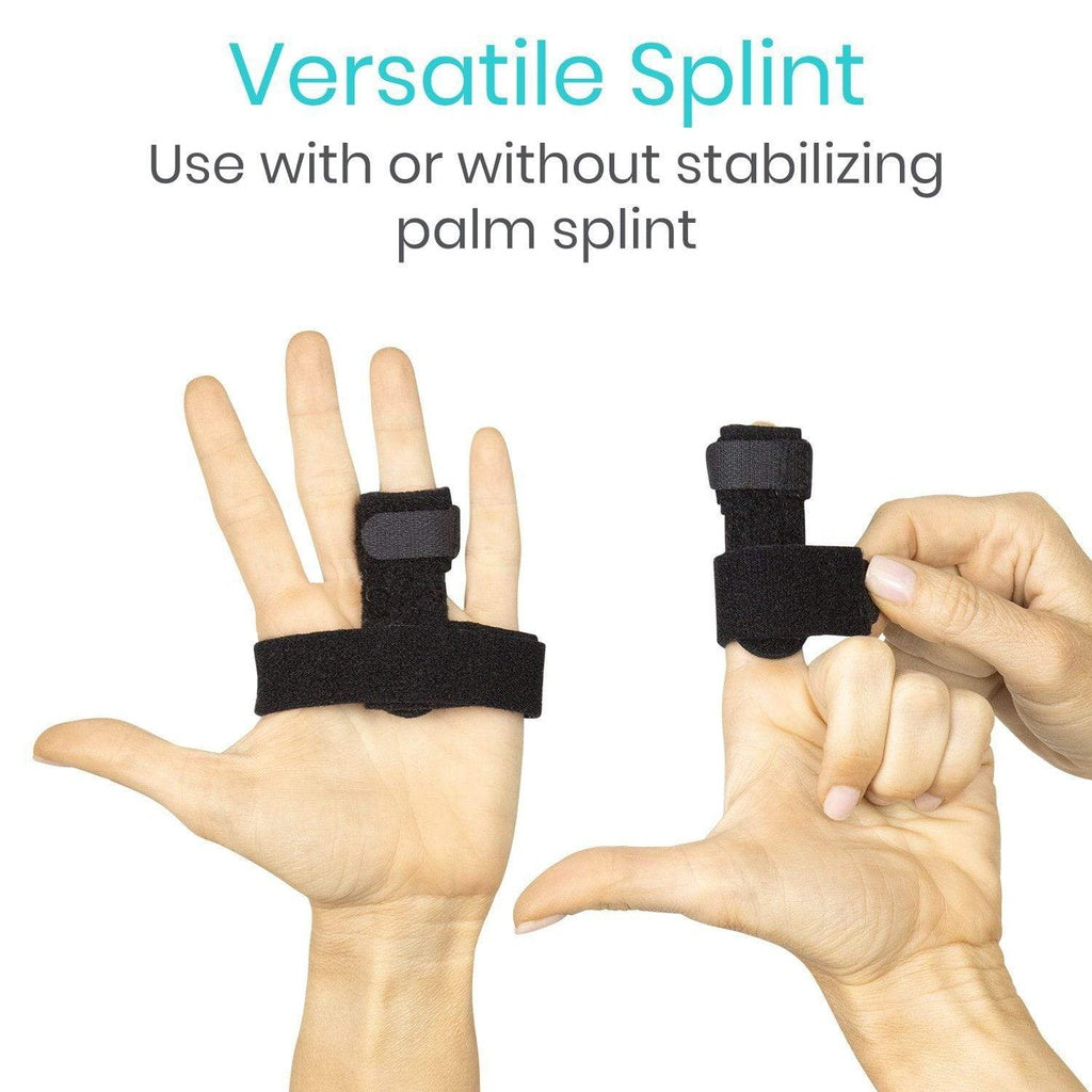 Versatile splint being used on a hand with text indicating its use and features.