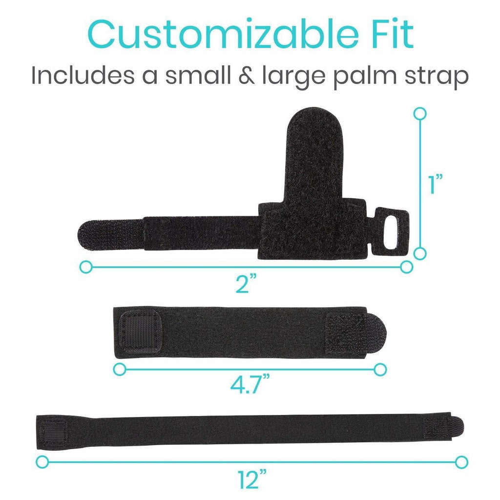 Black palm straps with measurements on a white background