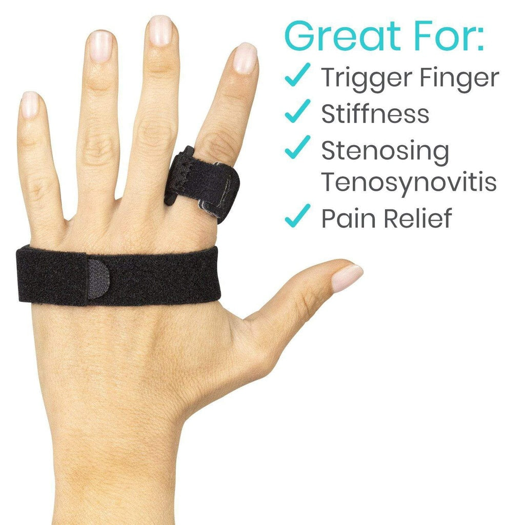 Hand wearing a black finger splint with text indicating its uses on a white background