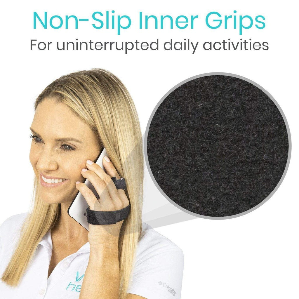 Woman using a phone with a non-slip inner grip and close-up of the grip texture.