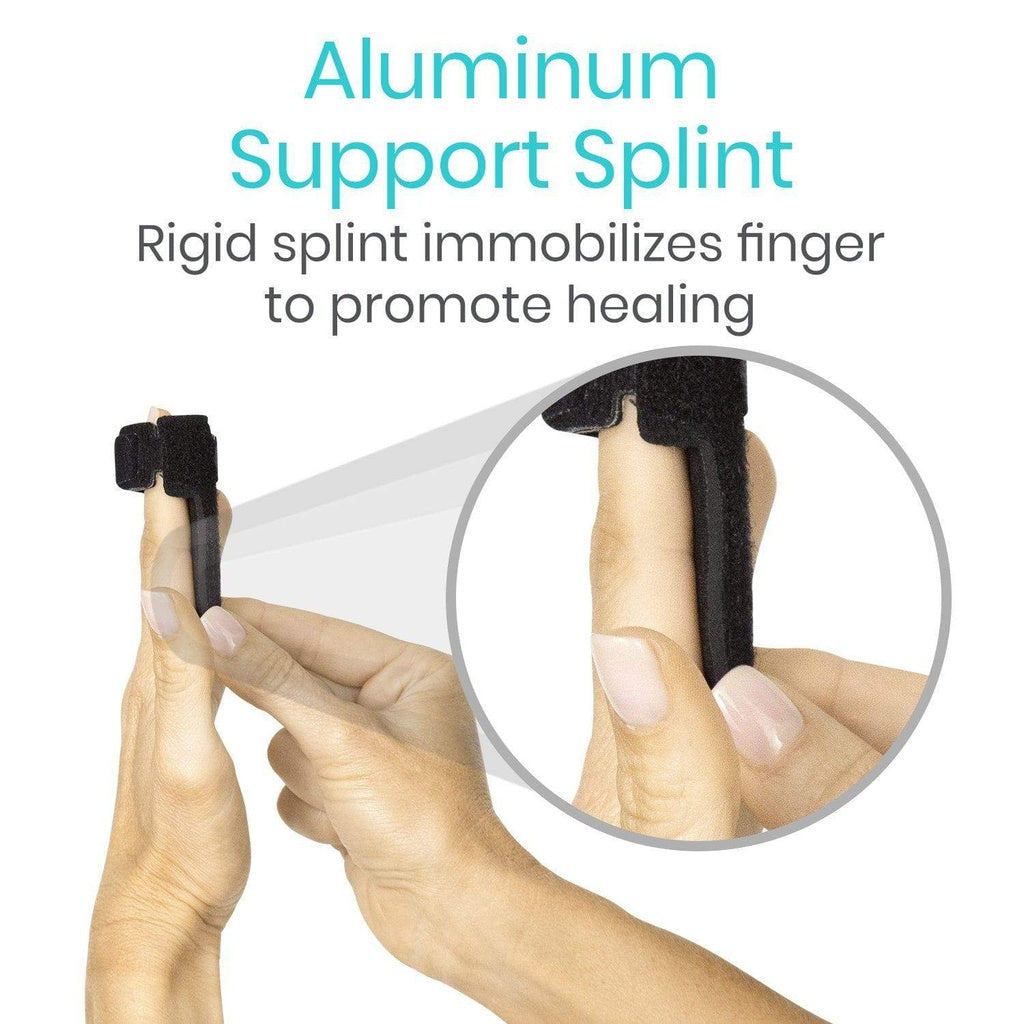 Aluminum support splint being used on a finger with text explaining its function.