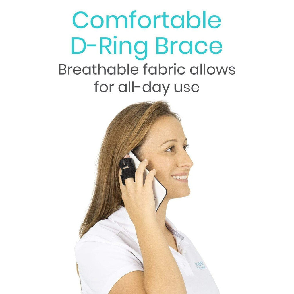 Woman using a phone with text about a comfortable D-ring brace