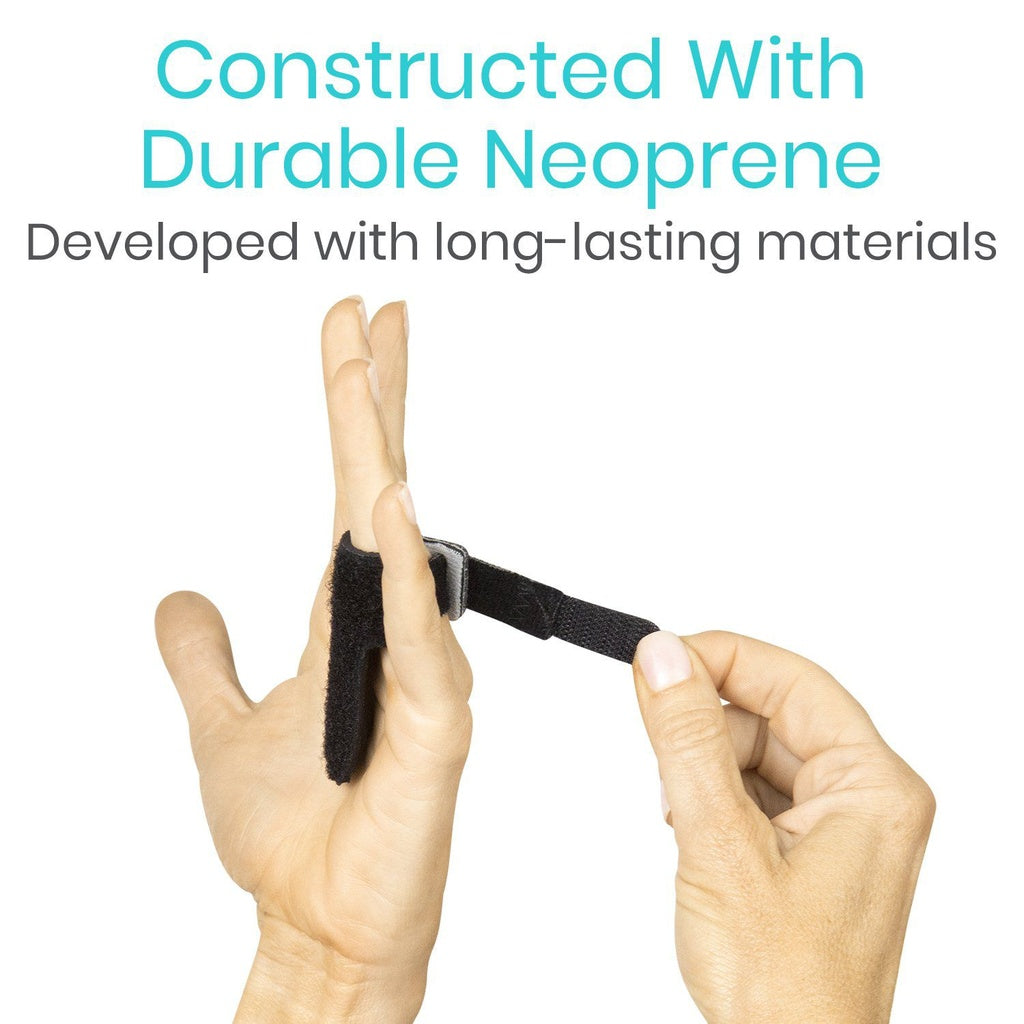 Hand wearing a black neoprene finger sleeve with text about durable materials.