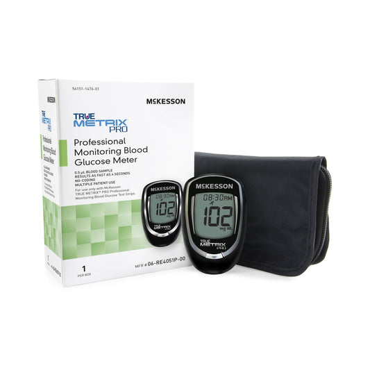 McKesson blood glucose meter with packaging on a white background