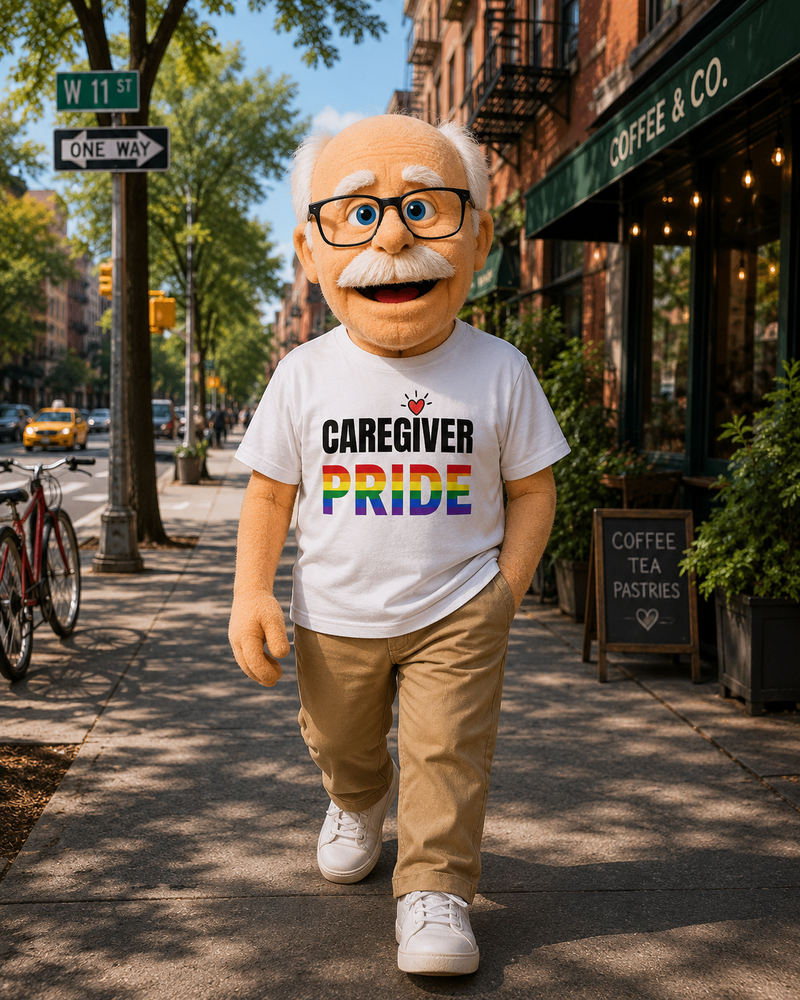 Person in a caregiver pride costume walking on a sidewalk with a coffee shop in the background.