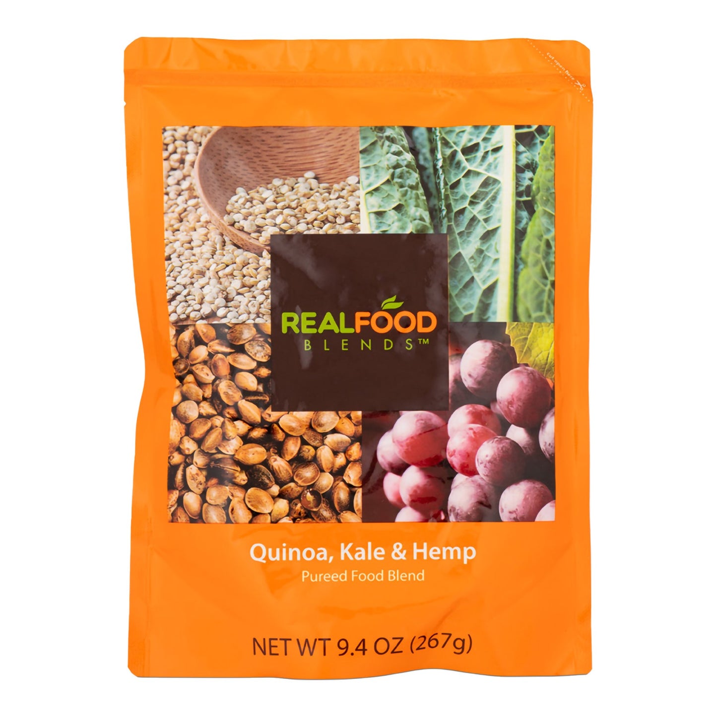 Orange package of Real Food Blends with quinoa, kale, and hemp ingredients on a white background