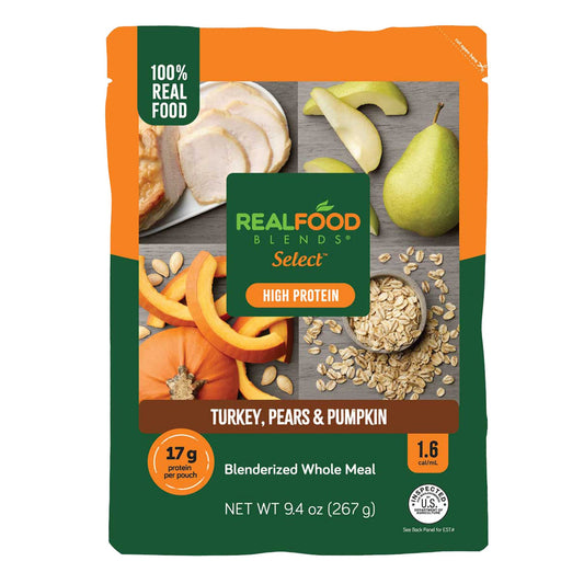 Package of Real Food Blends Select Turkey, Pears & Pumpkin blenderized whole meal on a white background