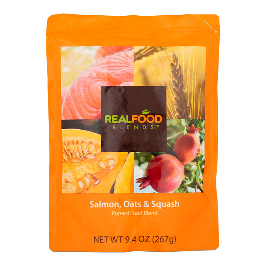 Orange package of Real Food Blends Salmon, Oats & Squash pureed food blend on a white background