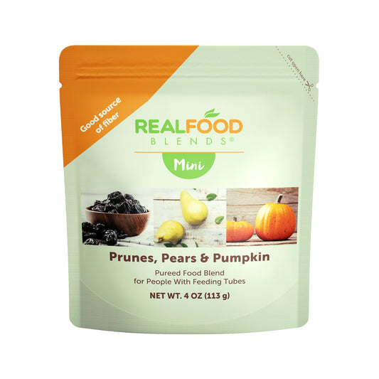 Real Food Blends Mini Prunes, Pears & Pumpkin package on a white background