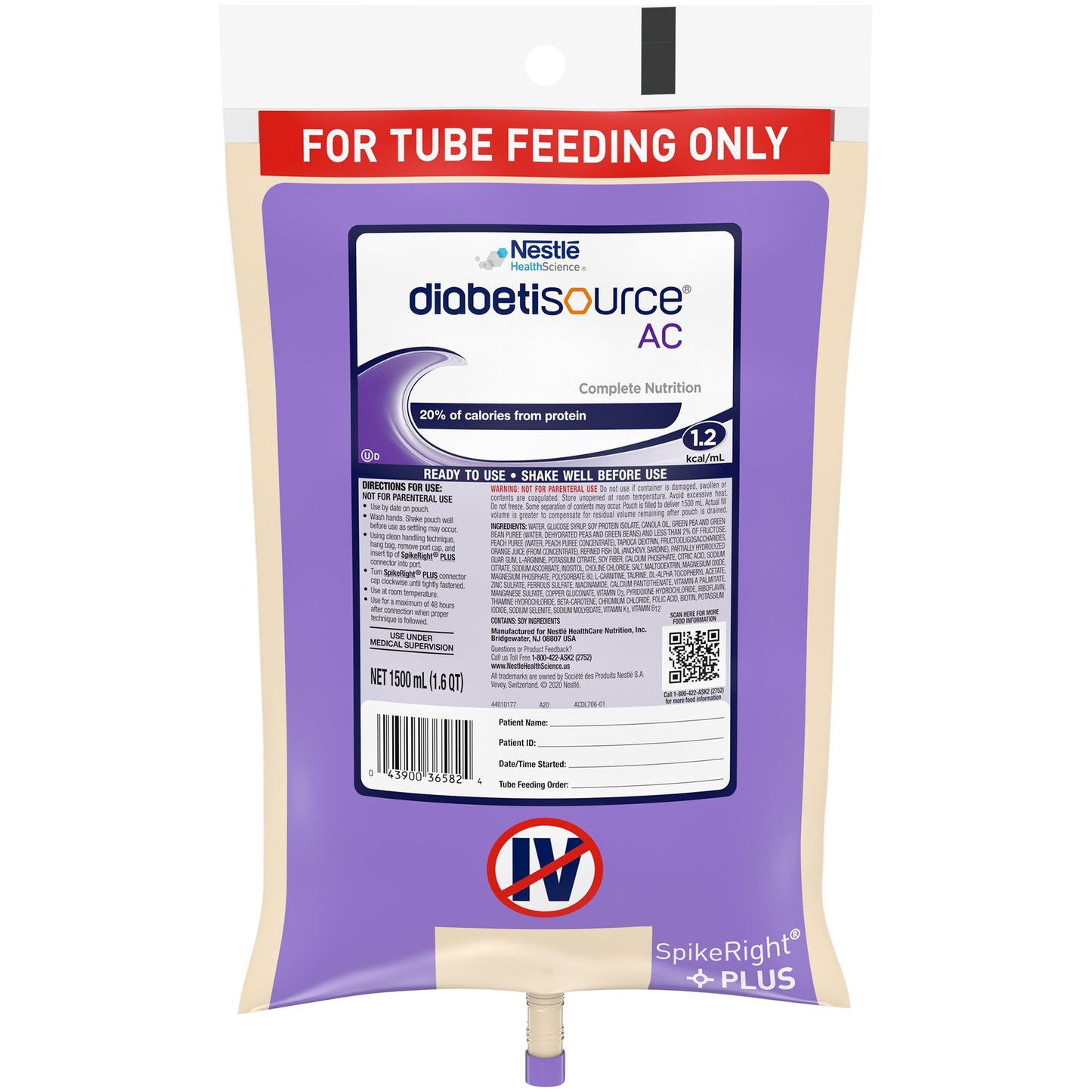 Diabetisource AC Tube Feeding Formula for Diabetes - 1500 mL Ready to Hang