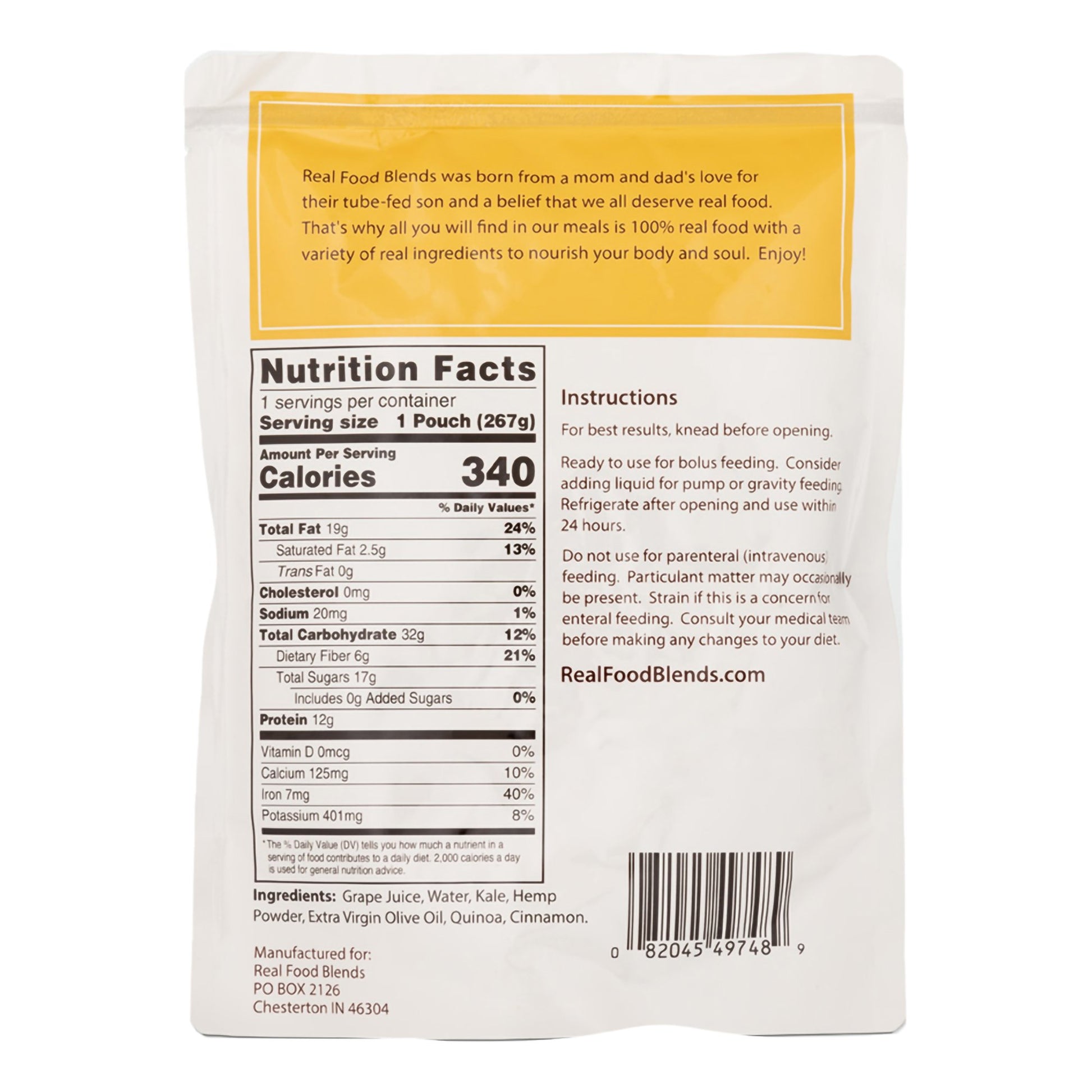 Back of a food package with nutrition facts, instructions, and ingredients listed.