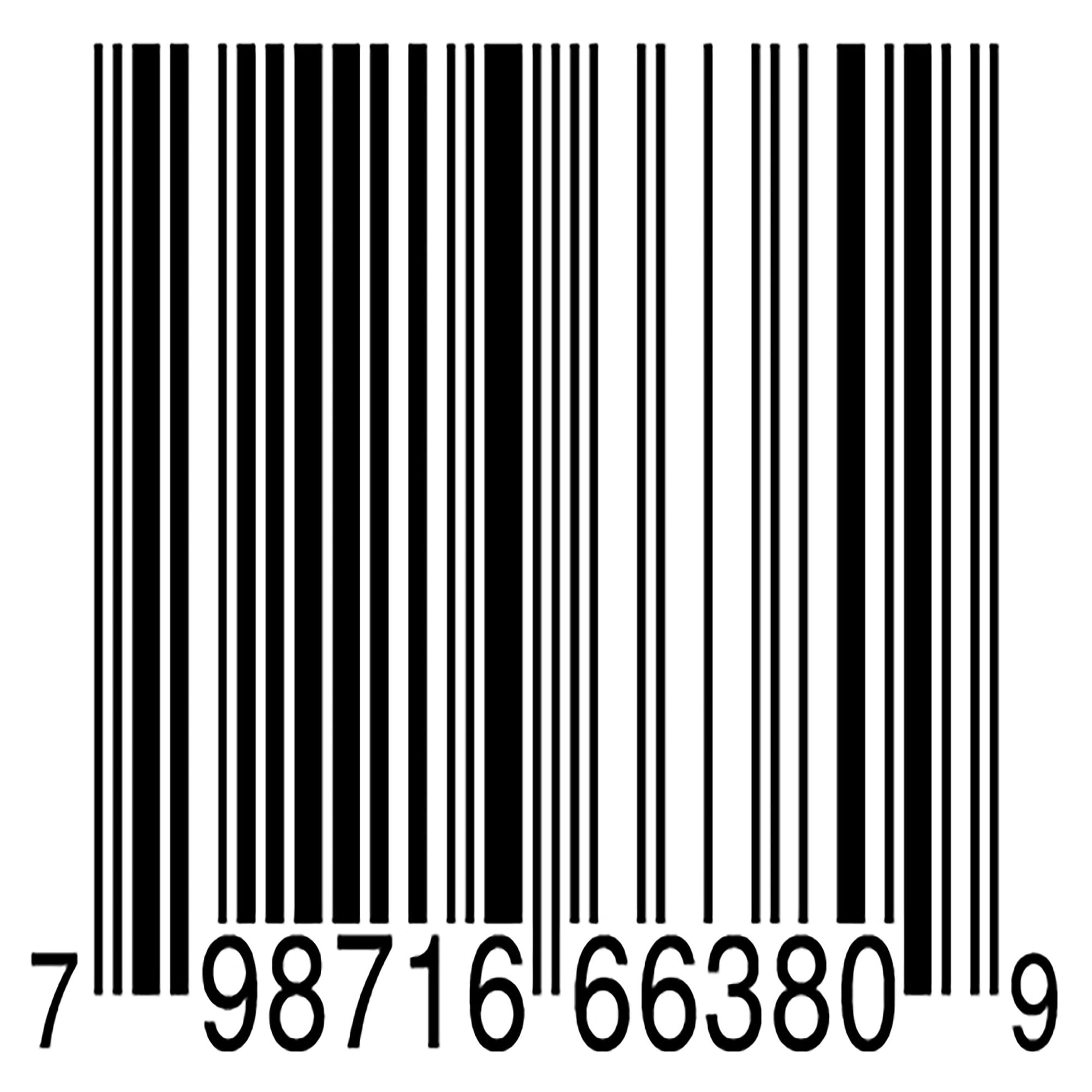 Barcode with a series of black bars and numbers on a white background