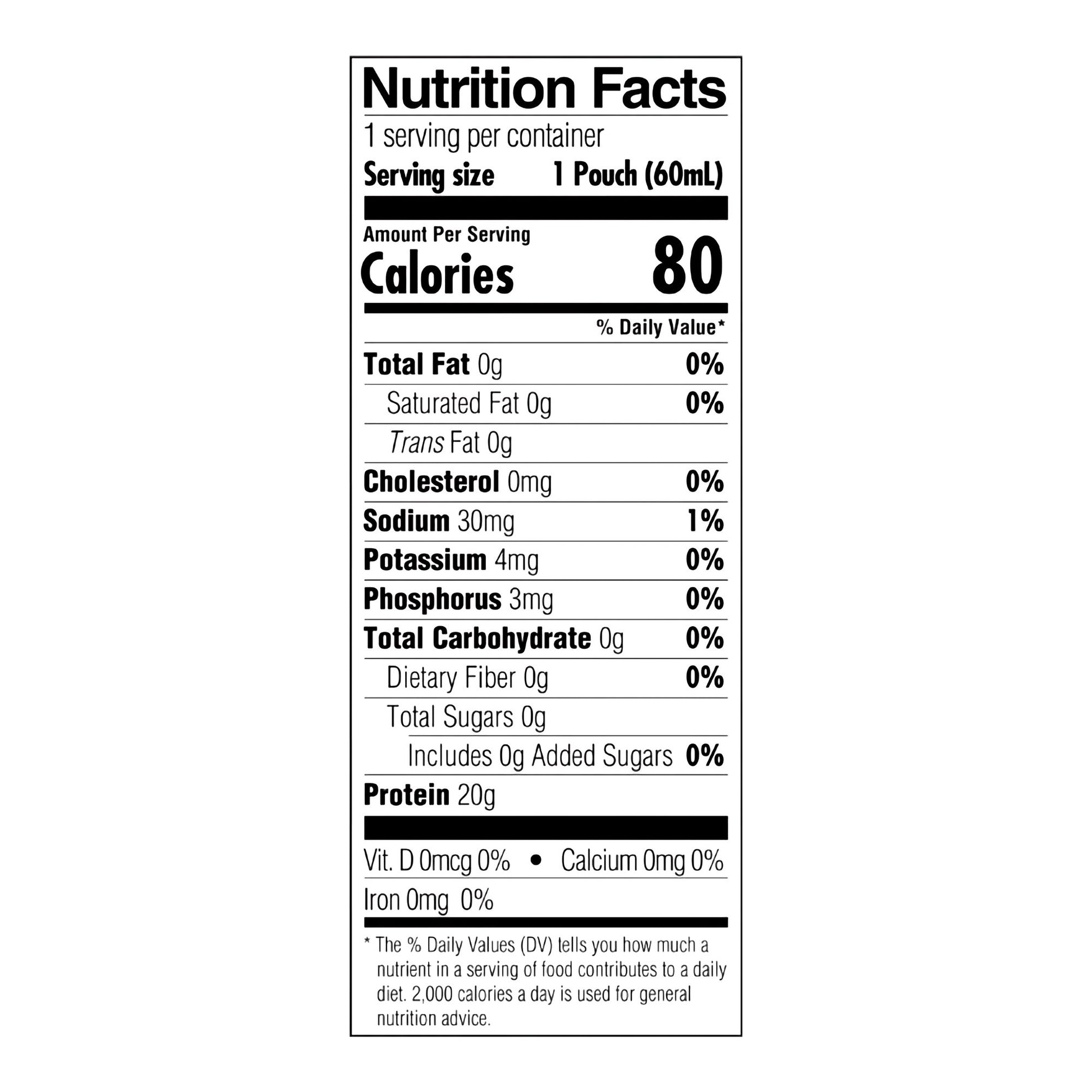 Nutrition facts label for a product with 80 calories per serving