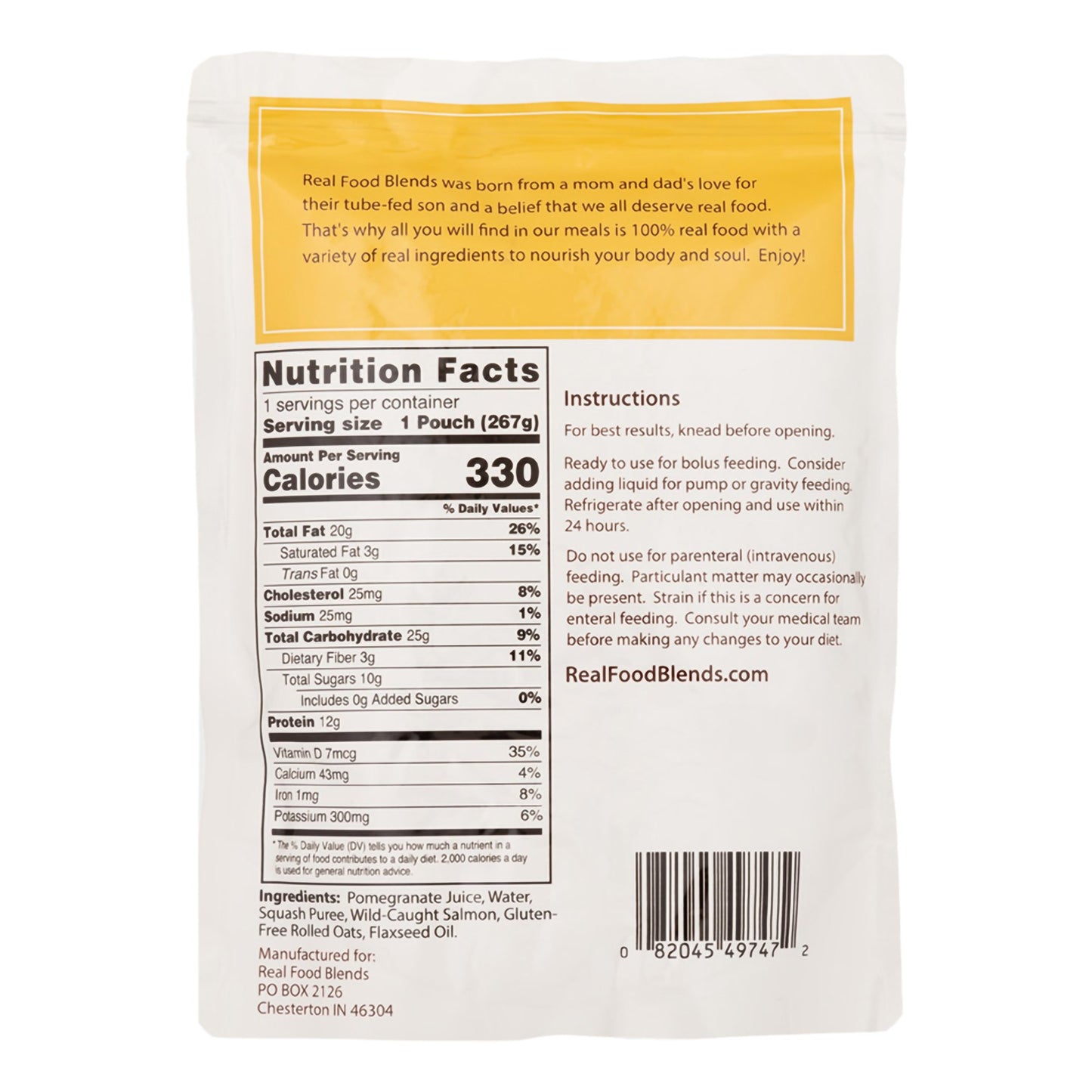Nutrition label and instructions on a food product packaging with a white background.
