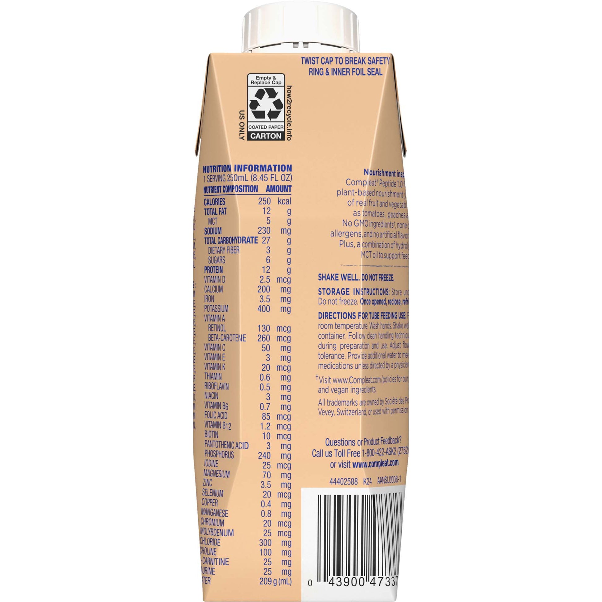 Back view of a supplement container with nutritional information and barcode on a white background