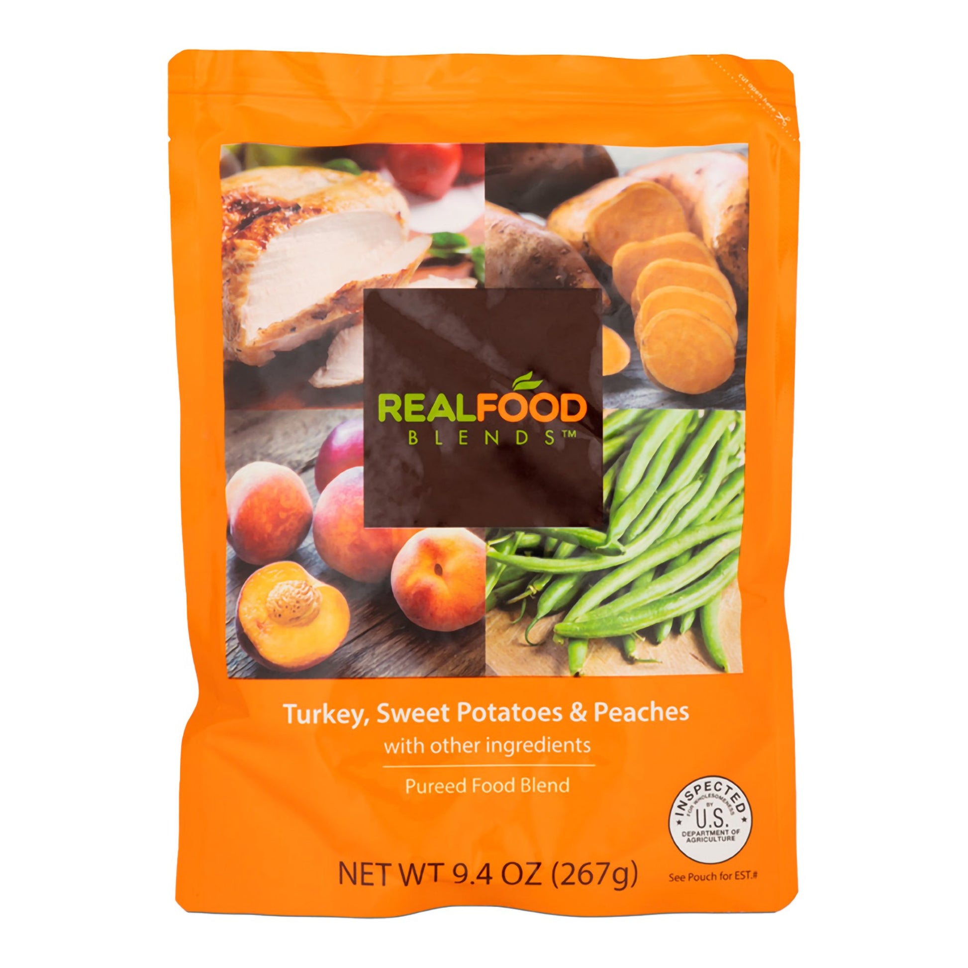 Orange package of Real Food Blends with images of food ingredients on a white background