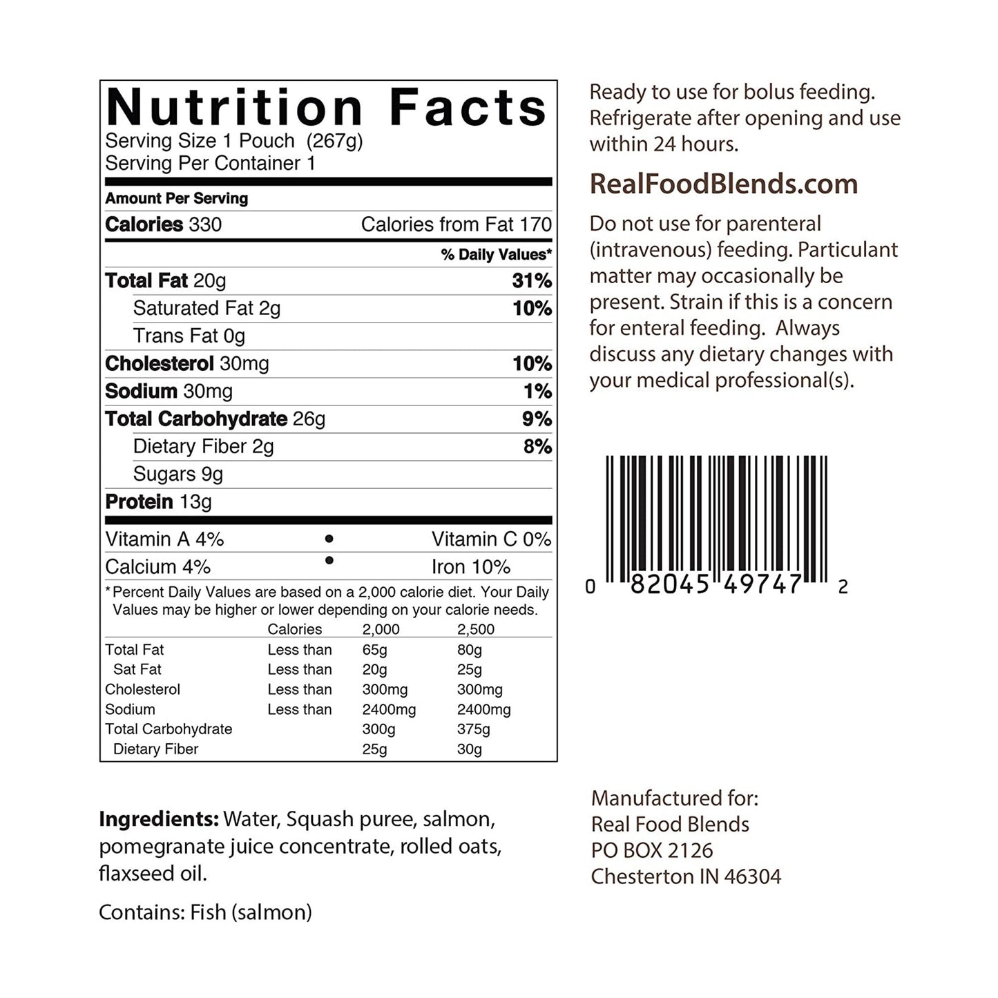 Nutrition facts label for a product from Real Food Blends with a barcode and text.