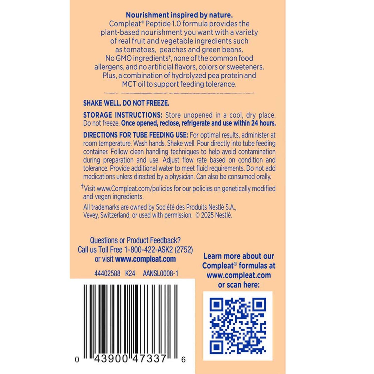 Back of a supplement package with text and a QR code on an orange background