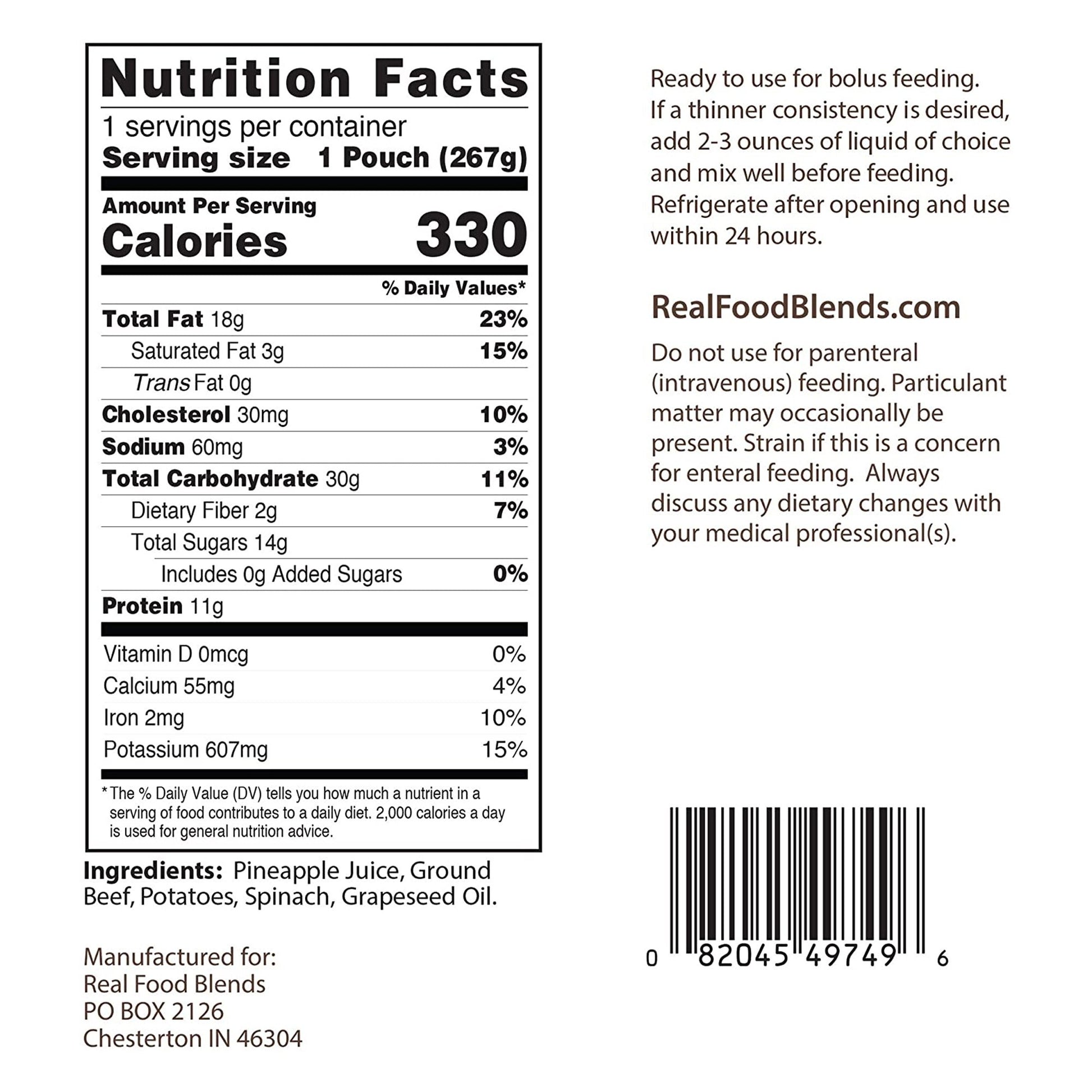 Nutrition facts label and product information for Real Food Blends on a white background