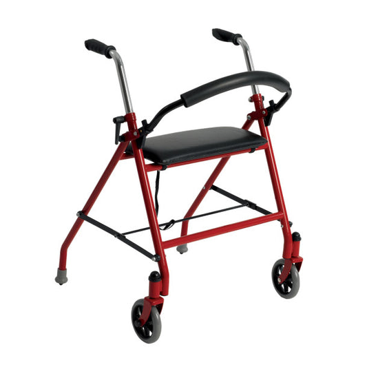 Red walker with a black seat on a white background