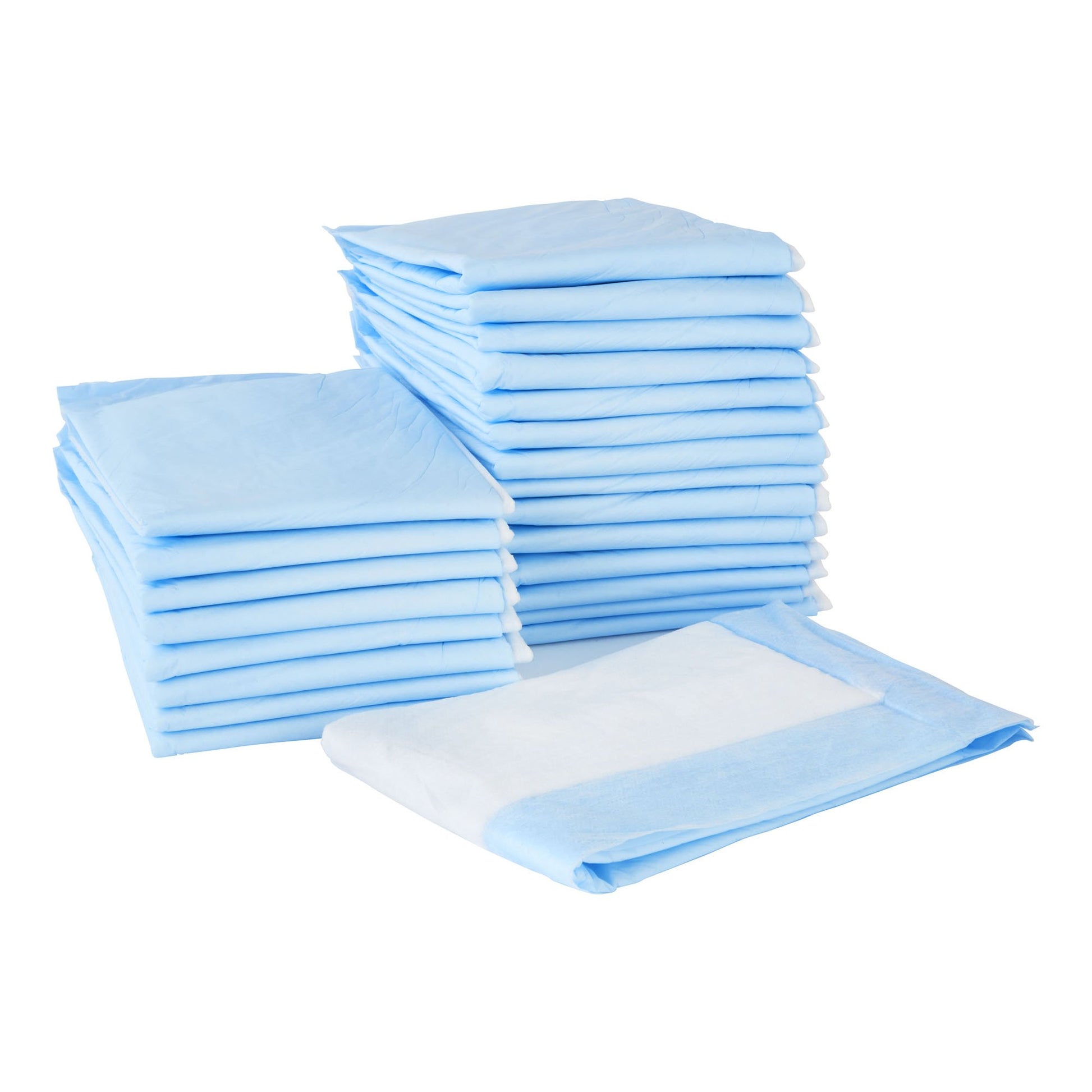 Stack of blue disposable diapers on a white background