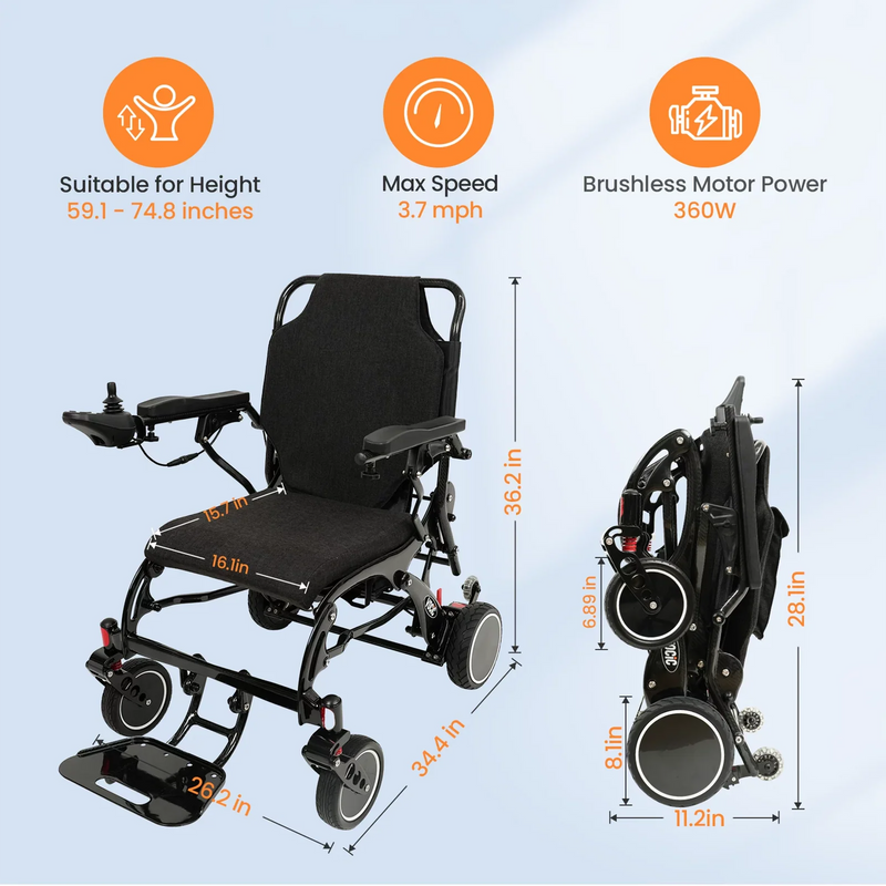Black electric wheelchair shown on a light blue gradient background with orange text callouts for height, speed, and motor power, plus folded dimensions on the right side.