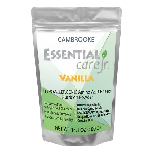 Cambrooke Essential Care Jr Vanilla nutrition powder package on a white background
