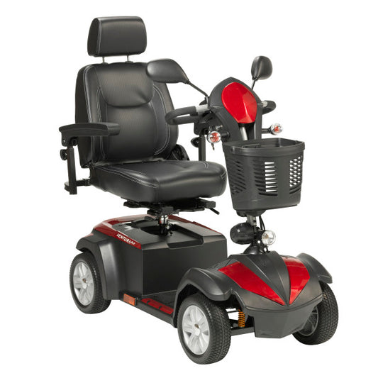 Black and red mobility scooter with a basket on a white background