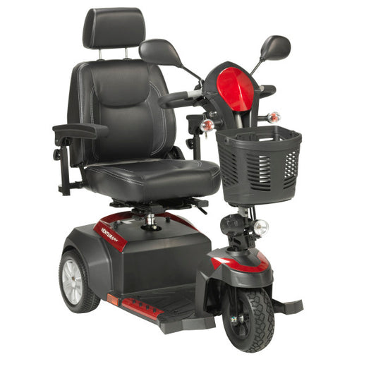 Gray and red mobility scooter with a basket on a white background