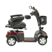 Black and red mobility scooter with a basket on a white background