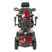 Mobility scooter with black seat and red accents on a white background
