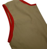 Beige sleeveless top with red trim on a white background