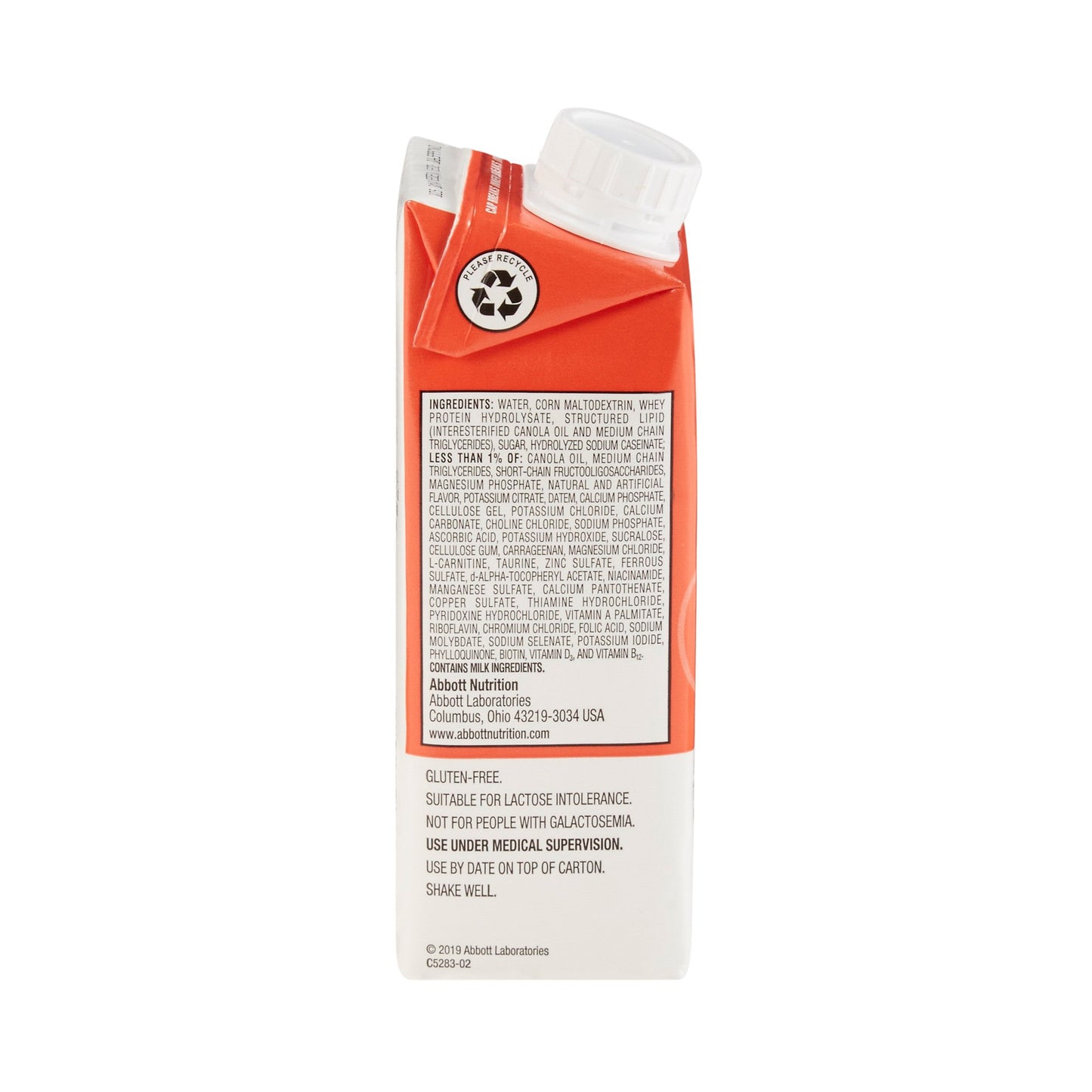Back view of a red and white juice box with nutritional information on a white background