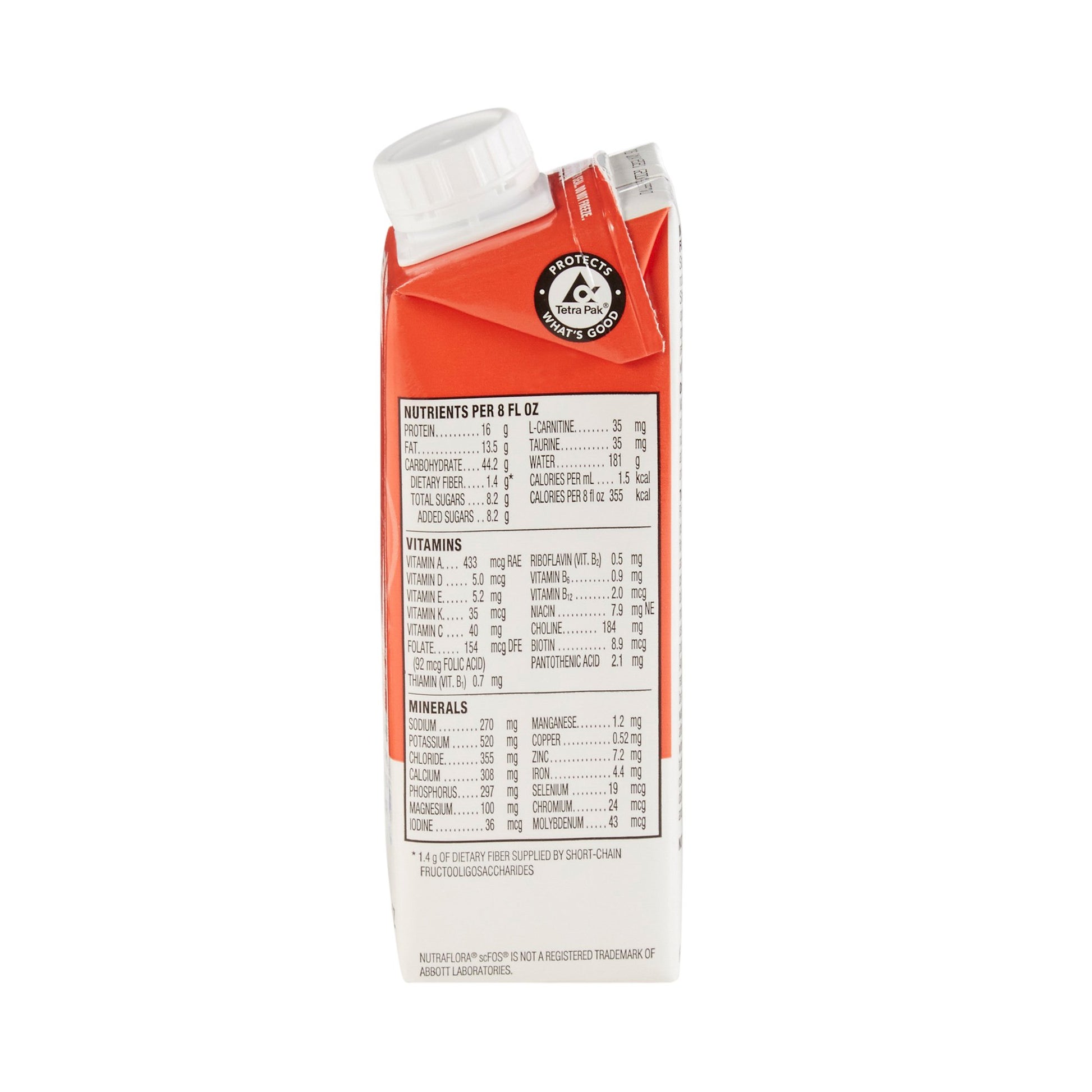 Nutritional label on a red and white container with a white background