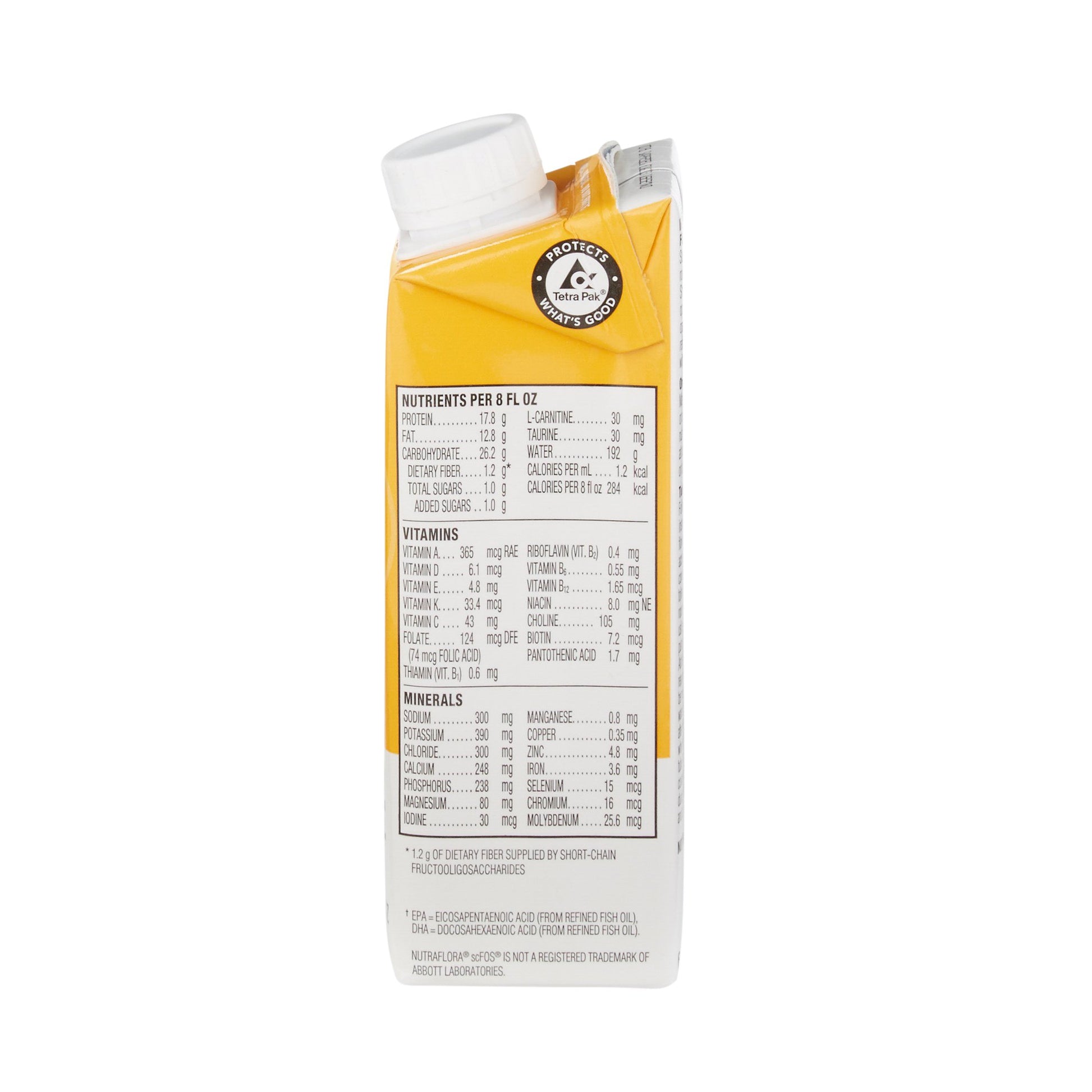 Carton of a nutritional drink with a white cap on a white background