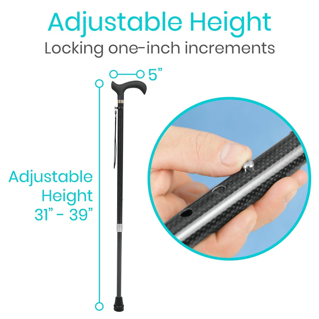 Adjustable height walking cane with measurement details on a white background