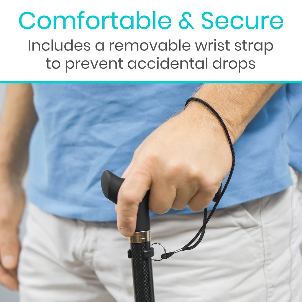 Person holding a walking cane with a removable wrist strap, text indicating comfort and security.