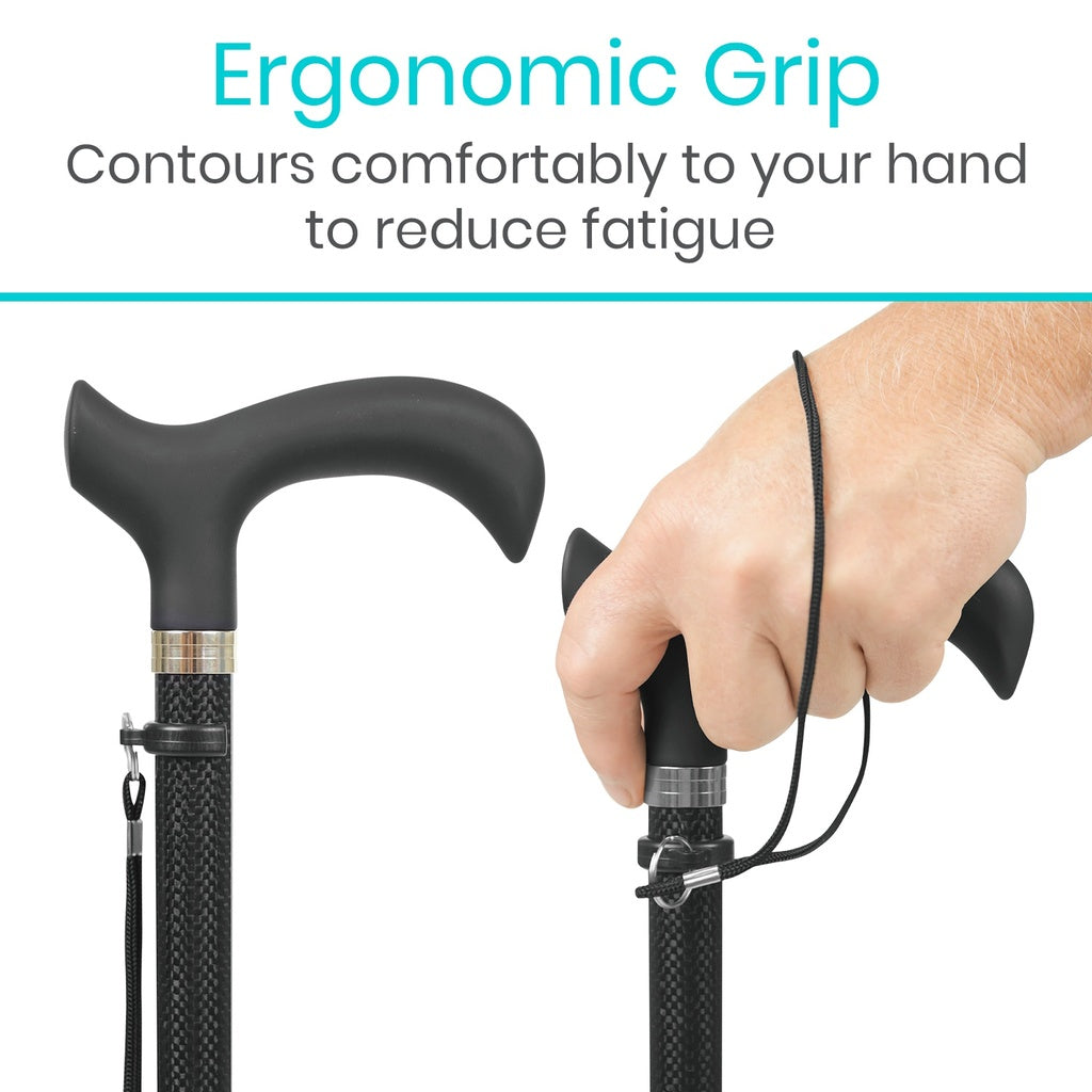 Ergonomic walking cane with hand holding it, text about ergonomic grip.