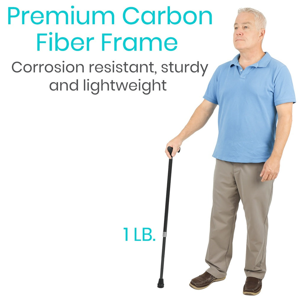 Man holding a black walking cane with text about a premium carbon fiber frame on a white background