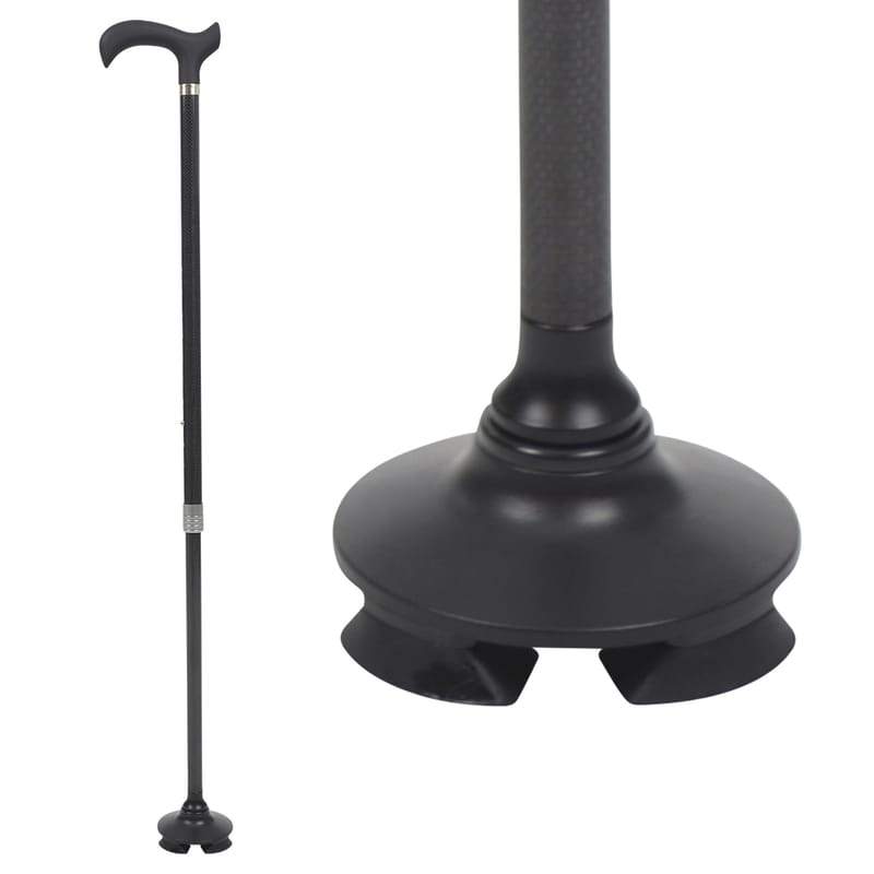 Black walking cane with adjustable base on a white background