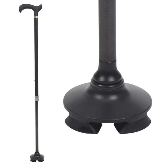 Black walking cane with adjustable base on a white background